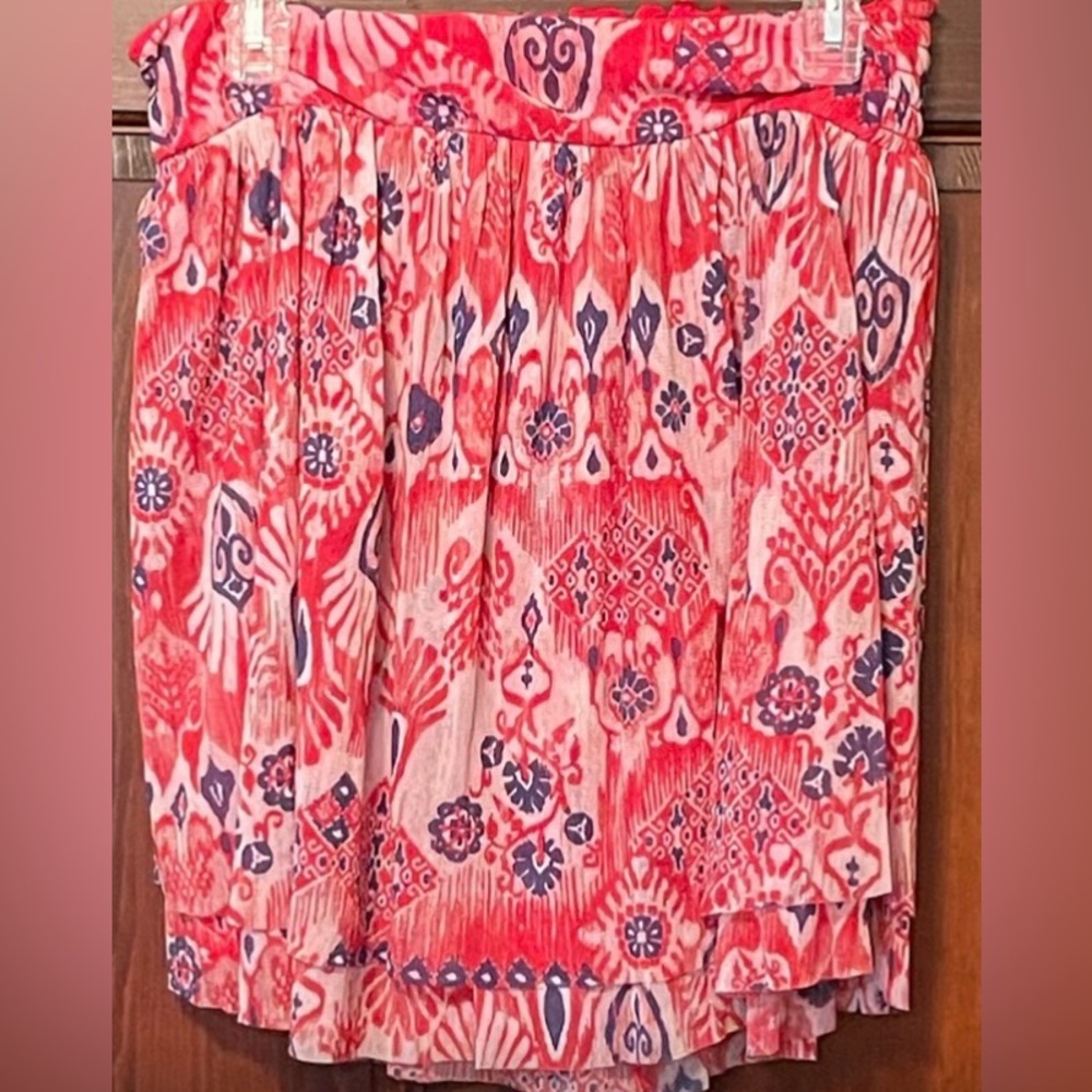 Anthropologie Red and Blue Patterned Smocked Mini Skirt - Size Large